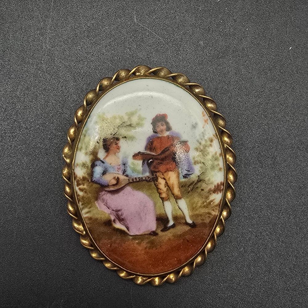 Vintage Victorian Courting Scene Brooch Oval Ceramic Man Woman